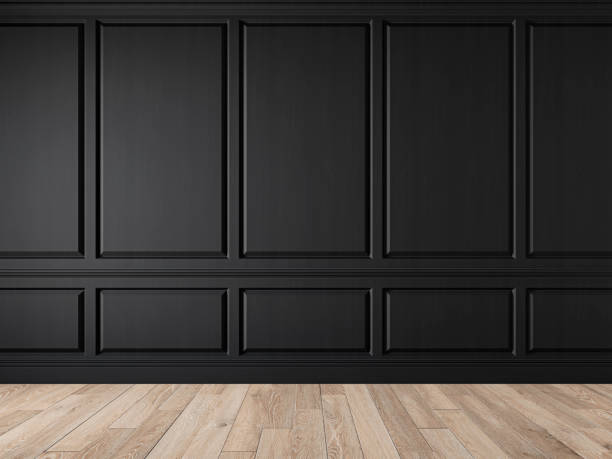 istock Modern classic black blank wall empty interior with wall panels, molding and wooden floor. 3d render illustration mock up. 1207196773