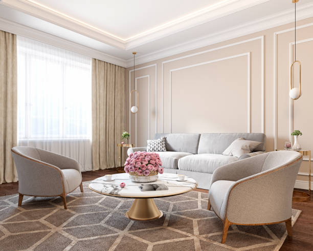 istock Classic beige interior with sofa, armchairs, coffee table, carpet, curtain, flowers and wall moldings. 3d render illustration mockup. 1207196925
