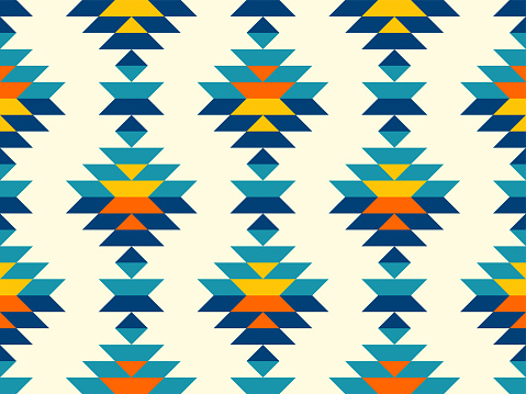 Timeless bohemian aztec diamonds in southwestern style pattern in blue,teal,yellow,orange.