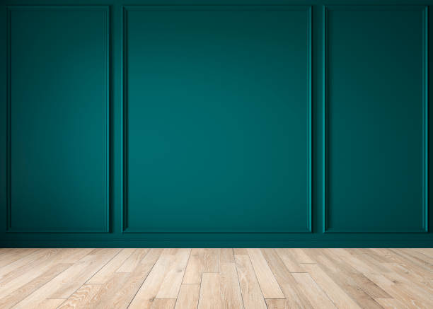 istock Modern classic royal green, turquoise color empty interior with wall panels, moldings and wooden floor. 3d render illustration mock up. 1207197151