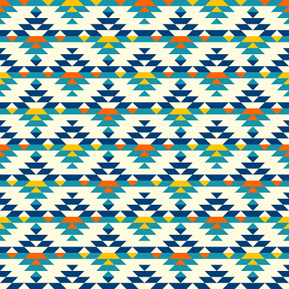 Stylized half aztec diamonds colorful seamless pattern in blue, yellow, orange, teal.