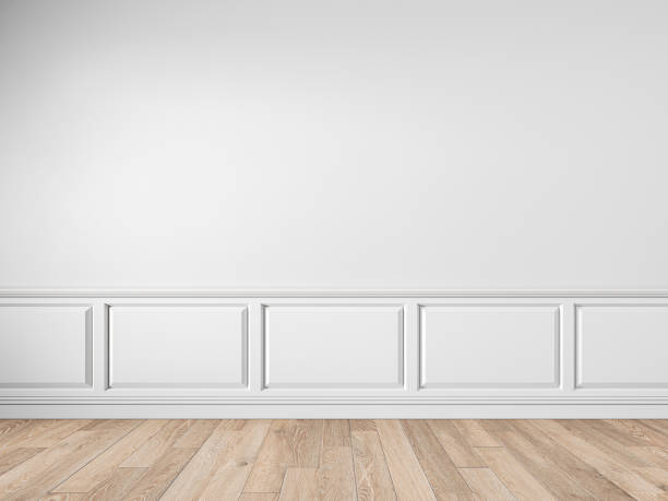 Modern classic white empty interior with wall panels, molding and wooden floor. 3d render illustration mock up. Modern classic white empty interior with wall panels, molding and wooden floor. 3d render illustration mock up. shaping room stock pictures, royalty-free photos & images