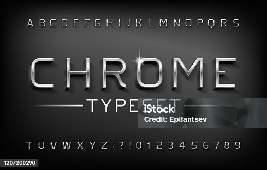 istock Chrome alphabet font. 3D metal letters and numbers with shadow. 1207200290