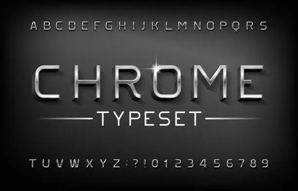 Vector illustration of Chrome alphabet font. 3D metal letters and numbers with shadow.