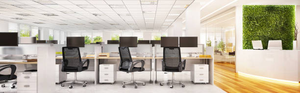 design moderno degli interni degli uffici - office furniture open plan desk foto e immagini stock