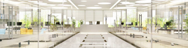 interior design of large spacious office with glass partitions - hotel desk reception imagens e fotografias de stock