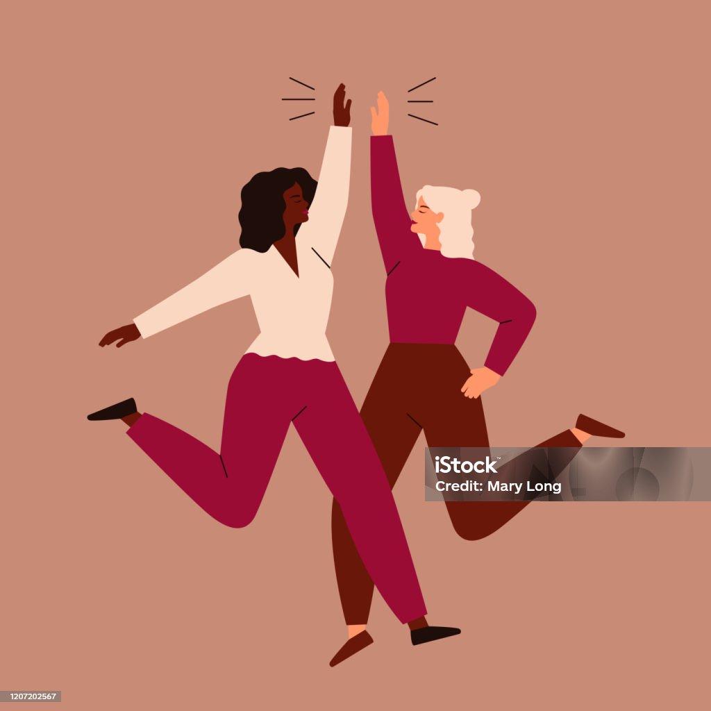 Dos mujeres saltan y se drogan entre sí. - arte vectorial de Mujeres libre de derechos