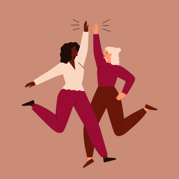 ilustrações de stock, clip art, desenhos animados e ícones de two women jump and high-five each other. - friends