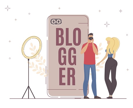 Recording new Video Blogger Important Process. Man with Video Camera Standing by Large Smartphone, Woman Blogger in Front him. Light Ring Gives Good Light for Beautiful Footage, Vector Banner.