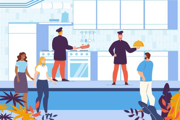 kulinarischer kochkurs auf restaurant küche - commercial kitchen illustrations stock-grafiken, -clipart, -cartoons und -symbole