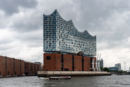 Hamburg, Germany - August 4, 2019: Elbphilharmonie or Elbe Philharmonic Hall in the HafenCity quarter. Designed by architecture firm Herzog & de Meuron