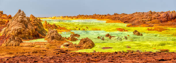 moonscape of Dallol Lake, Danakil depression Ethiopia Colorful incredible abstract apocalyptic landscape like moonscape of Dallol Lake in Crater of Dallol Volcano, Danakil Depression, Ethiopia dallol ethiopia stock pictures, royalty-free photos & images