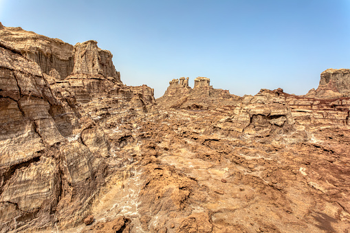 High rock formations rise in the Danakil depression like stone rock city. Landscape like Moonscape, Danakil depression, Ethiopia, Africa