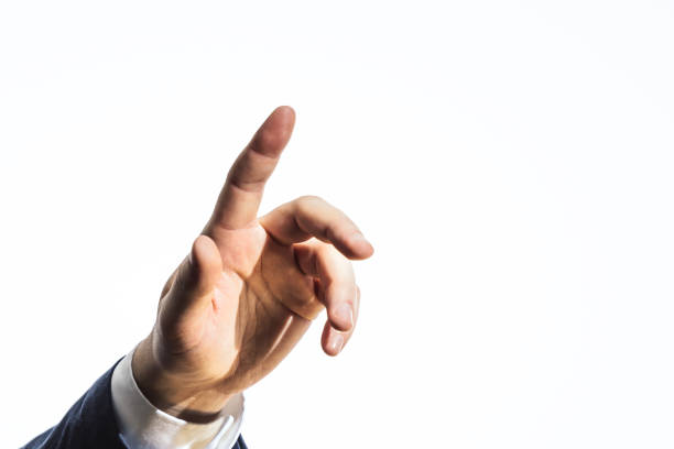 抽象的なトランペアレント画面に触れる男の手、白い背景に隔離。ビジネスとテクノロジーの概念。クローズアップ - close up touchpad computer index finger ストックフォトと画像