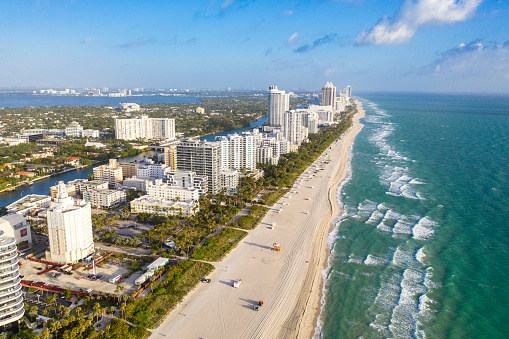 Aerial view of Miami Beach at sunrise, Florida, USA