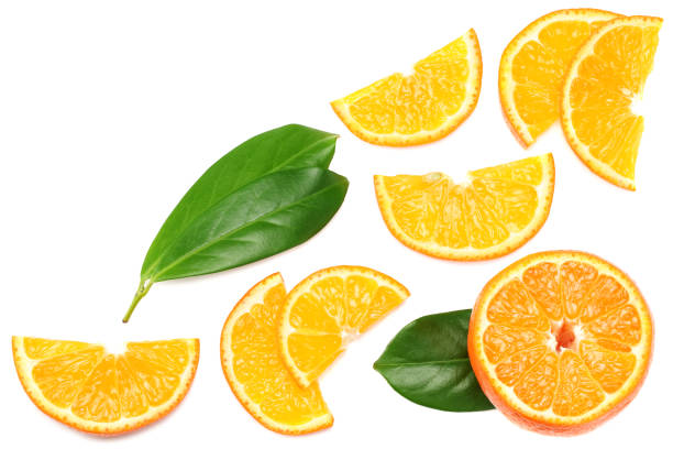 istock sliced orange with green leaf isolated on white background top view 1207208915