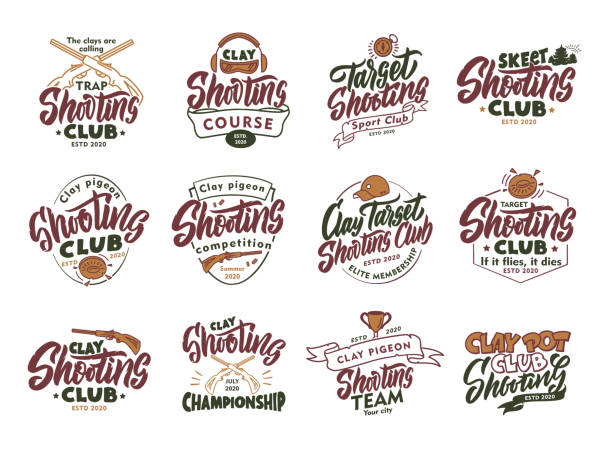 Set of vintage Clay Shooting emblems and stamps. Colorful badges, templates and stickers for Shooting club Set of vintage Clay Shooting emblems and stamps. Colorful badges, templates and stickers for Shooting club. Collection of retro logos with hand-drawn text and phrases. Vector illustration taking a shot sport stock illustrations