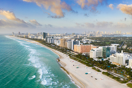 Aerial view of a beautiful morning in Miami Beach with Downtown district in the background, Florida, USA