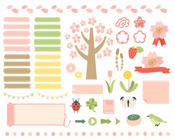 Spring illustration and frame set Illustrations that can be used in various fields weed stamp stock illustrations