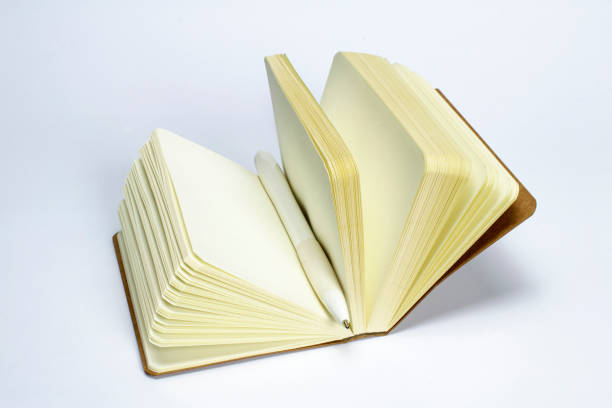 istock Blank opened notebook with cardboard hardcover and black pen isolated on white as template for presentation, showcase design logo, embossing etc. 1207214109