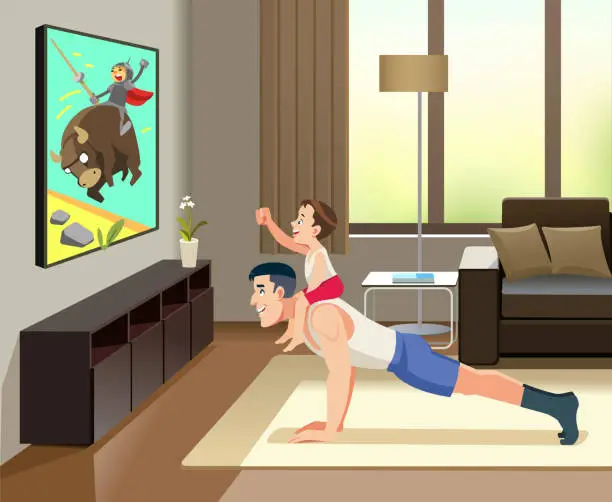 Vector illustration of Man pushups from the floor with the boy on his back. This is image cheerful father of with his little cute son spend time together, are watching tv. Concept Fatherhood child-rearing. Cartoon vector