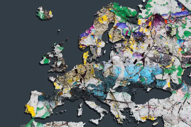 The color is peeling. Map of Europe with remnants of paint and many cracks as a symbol for contradictions and disagreements. Germany