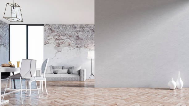 istock Empty living room with sofa, table and chairs - ruined wall 1207222907