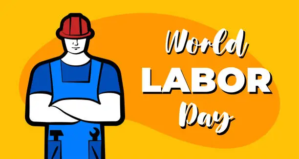 Vector illustration of Worker man in red construction helmet and inscription World Labor Day. 1 may professional labour celebration greeting card design template. Vector illustration for poster