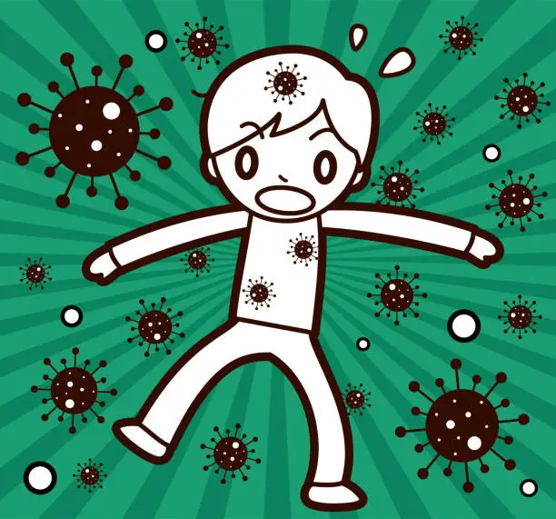 Vector illustration of School boy is infected with the coronavirus (flu, Influenza, bacterium, virus)