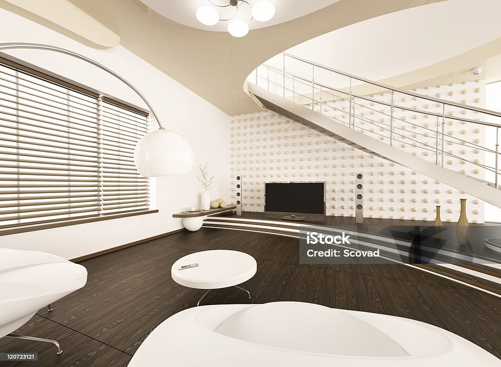 Interni moderni di render 3d soggiorno - Foto stock royalty-free di Accogliente