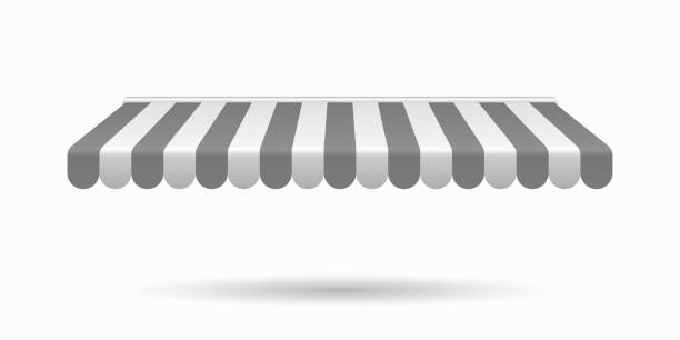 istock Awning canopy for shops, cafes and street restaurants. Striped grey and white sunshade. Vector illustration. Outside canopy from the sun. 1207231448