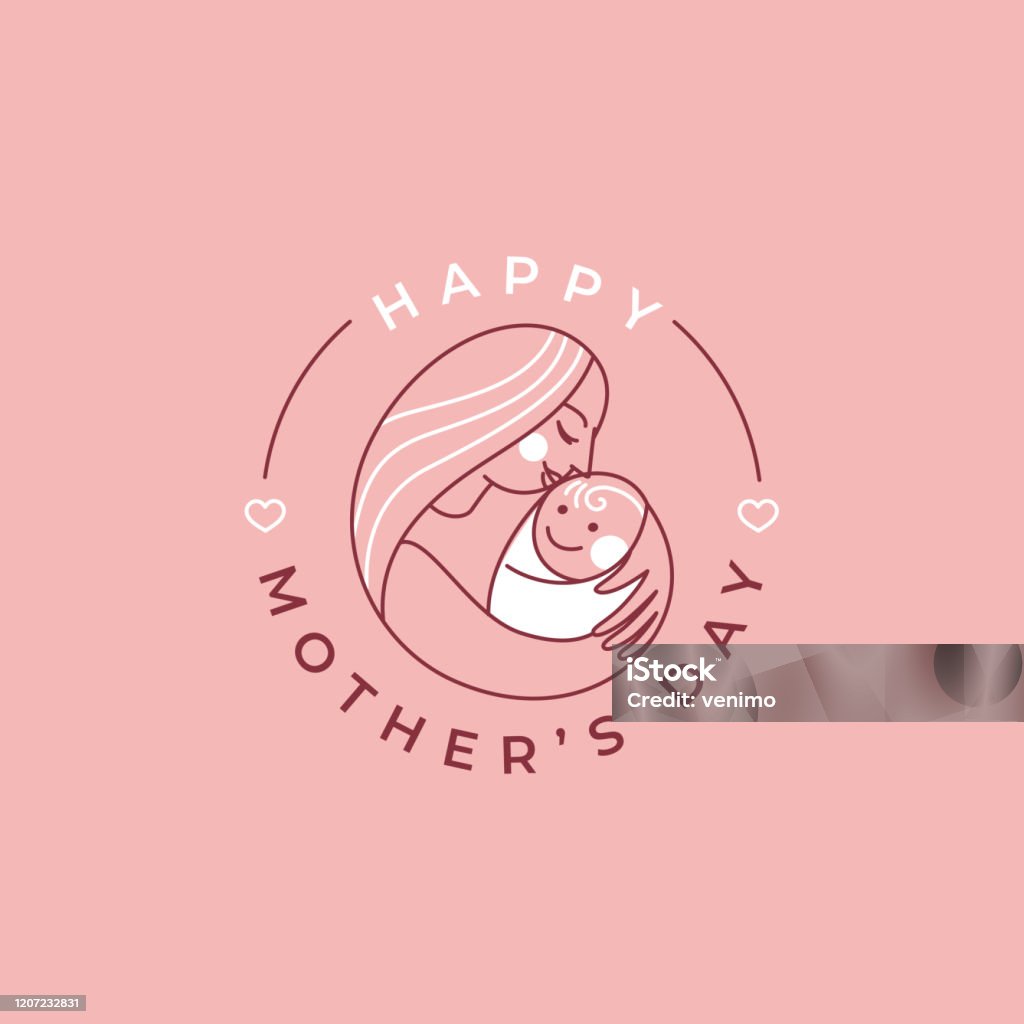 Modelo de design de logotipo abstrato vetorial e ilustração em estilo linear simples - feliz cartão de saudação do dia das mães - Vetor de Mãe royalty-free