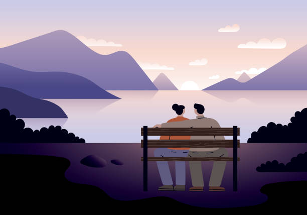 Couple watching sunset Couple sitting on a bench looking at sunset and beautiful nature.
Fully editable vectors on layers. This image includes transparencies. beauty in nature illustrations stock illustrations