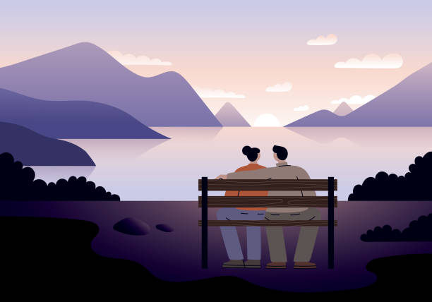 Couple watching sunset Couple sitting on a bench looking at sunset and beautiful nature.
Fully editable vectors on layers. This image includes transparencies. park bench vector stock illustrations