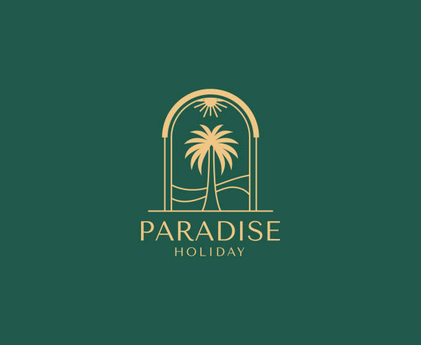 ilustrações de stock, clip art, desenhos animados e ícones de vector logo design template with palm tree - abstract summer and vacation badge and emblem for holiday rentals, travel services, tropical spa and beauty studios - sea island