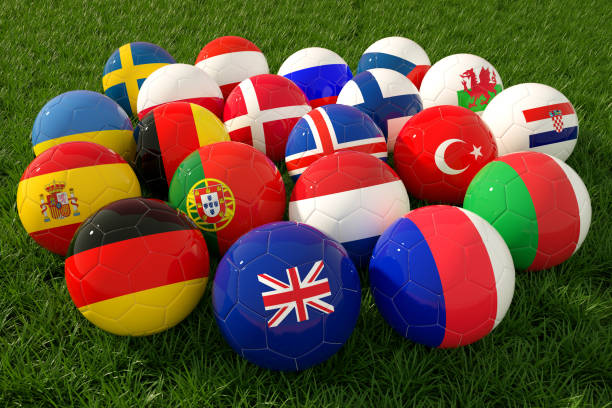 istock Soccer Balls with flag on a grass field 1207233158