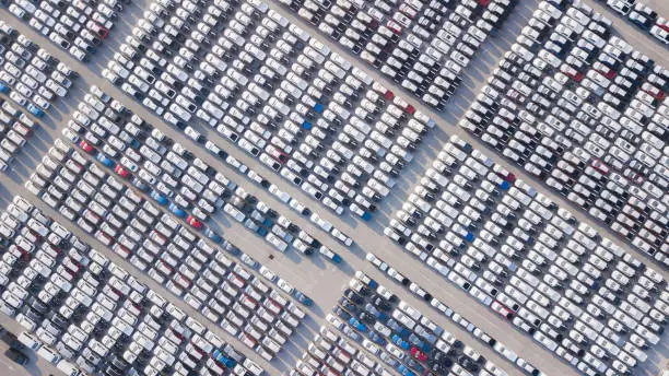 Photo of Top view of New cars from the factory that are exported to worldwide