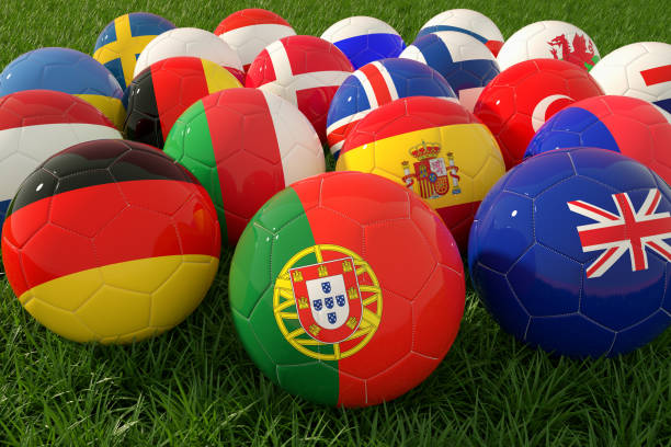 istock Soccer Balls with flag on a grass field 1207233404