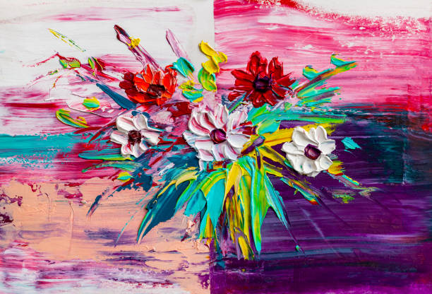 ilustrações, clipart, desenhos animados e ícones de flores de pintura a óleo - multi colored floral pattern acrylic painting purple