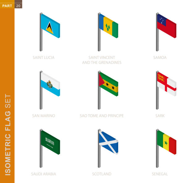 набор изометрического флага, флагпол в изометрическом измерении. - england senegal stock illustrations