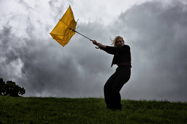 ゲイルは苦労している若い女性の傘を裏返しに吹く - umbrella women storm yellow ストックフォトと画像