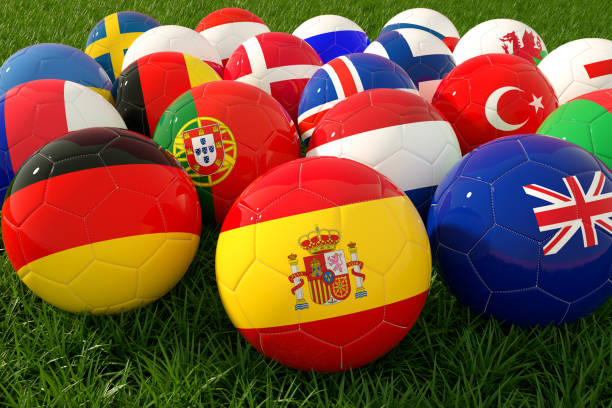 3d rendering of soccer ball with flag on a grass field.
