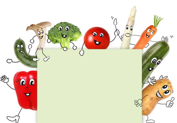 Vegetables with cartoon characters hold a sign on the advertising space.