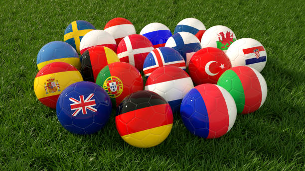Soccer Balls with flag on a grass field 3d rendering of soccer ball with flag on a grass field. european football championship stock pictures, royalty-free photos & images