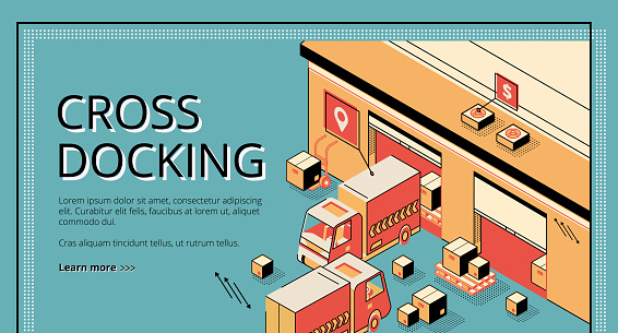 Cross docking logistics. Trucks receiving and shipping goods, warehousing process, cargo transportation. Isometric 3d vector illustration, line art, banner, landing page on retro colored background
