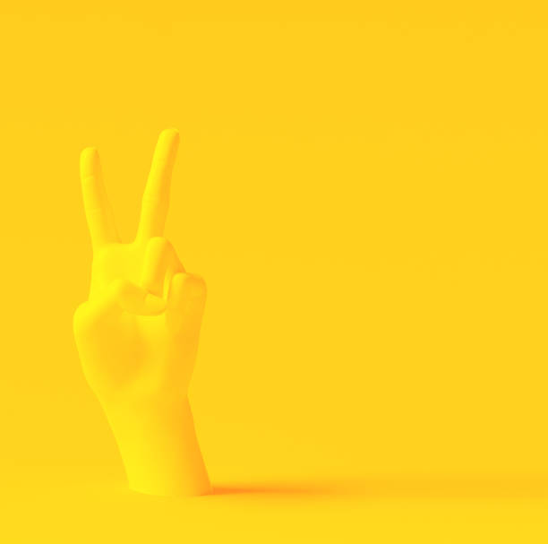 istock Victory concept promo banner design, two fingers yellow hand, 3d rendering 1207234755