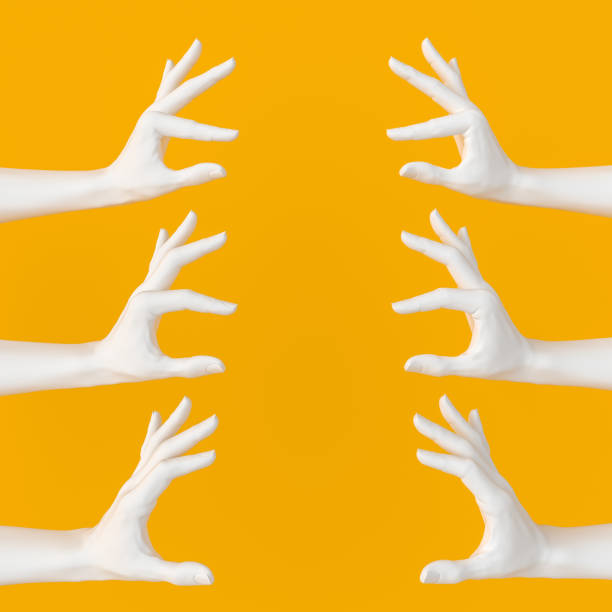 istock Set of two empty hands holding something big and small, showing minimum and maximum sizes, eating food hand gestures. Isolated on yellow. 3d illustration 1207235110