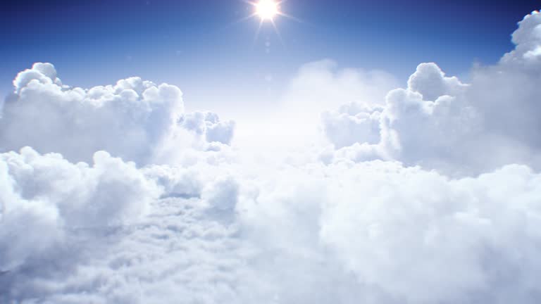 Flying Through the Beautiful Clouds with the Shining Bright Sun Daylight Seamless. Looped 3d Animation Flight Above the Realistic Endless Cloudscape Under the Afternoon Sun.