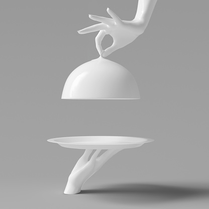 Plato blanco con tapa que se sostiene de la mano aislada, cloche de restaurante abierto, concepto de banner promocional de tiempo de lanzamiento. Renderizado 3D photo