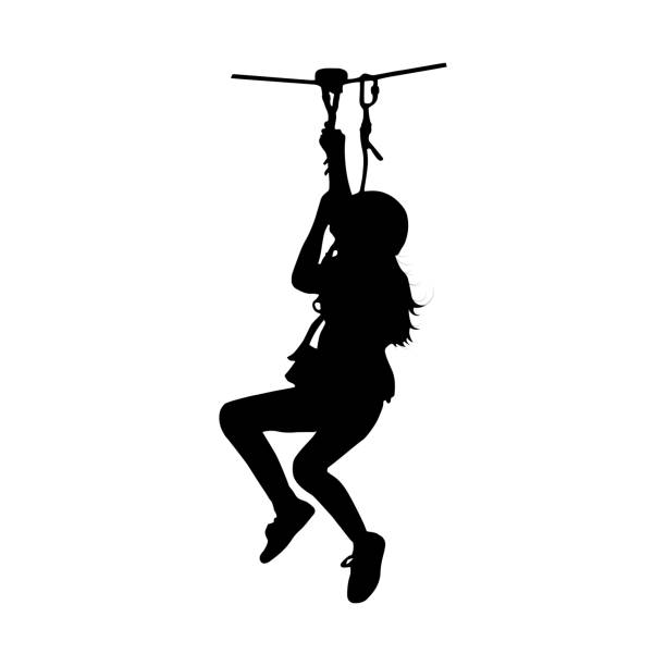 Black zip-line silhouette Black silhouette of a girl coming down on zip-line. Isolated vector illustration. zip line stock illustrations